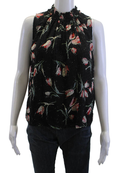 Rebecca Taylor Womens Black Sleeveless High Neck Floral Silk Blouse Size 4