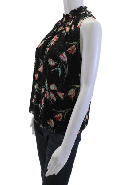 Rebecca Taylor Womens Black Sleeveless High Neck Floral Silk Blouse Size 4