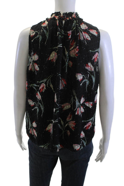 Rebecca Taylor Womens Black Sleeveless High Neck Floral Silk Blouse Size 4