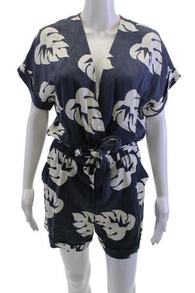 Jazmin Chebar Womens Dark Blue Floral V Neck Short Sleeve Romper Size 4
