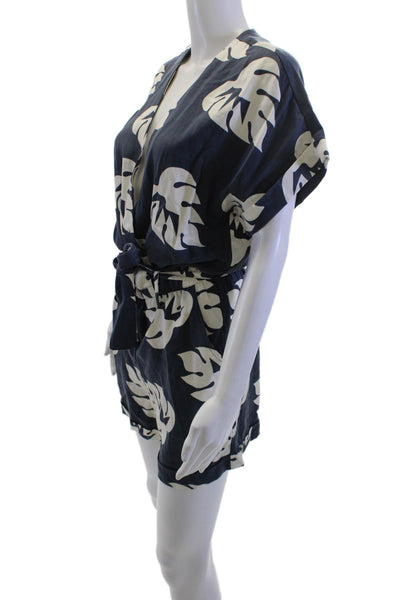 Jazmin Chebar Womens Dark Blue Floral V Neck Short Sleeve Romper Size 4