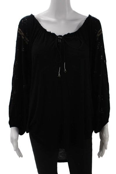 Free People Womens Tunic Blouse Black Long Sleeve Bohemian Rayon Size S