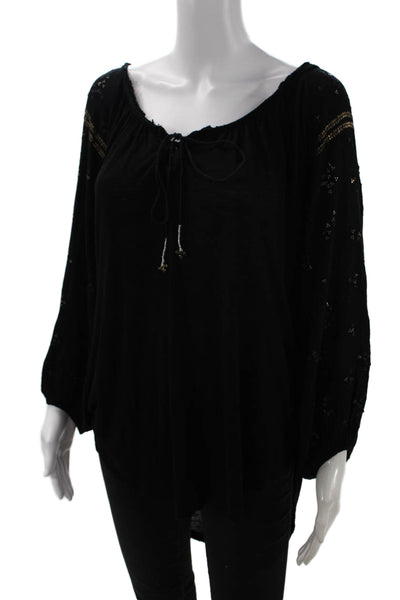 Free People Womens Tunic Blouse Black Long Sleeve Bohemian Rayon Size S