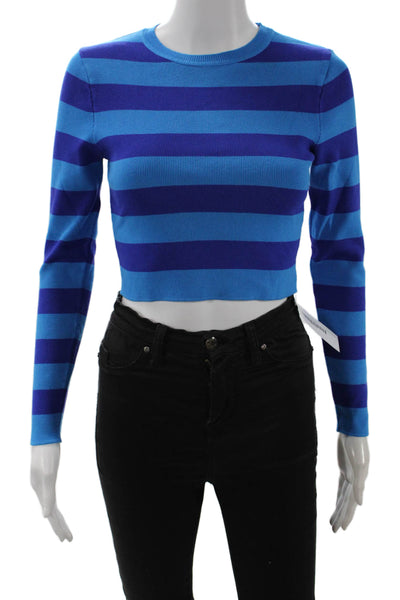 Zara Women Blue Cropped Striped Crew Neck Long Sleeve T-Shirt Size M