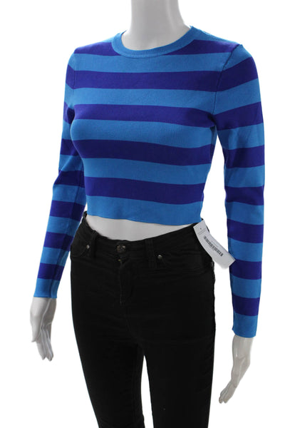 Zara Women Blue Cropped Striped Crew Neck Long Sleeve T-Shirt Size M