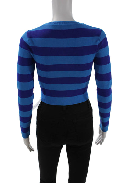 Zara Women Blue Cropped Striped Crew Neck Long Sleeve T-Shirt Size M