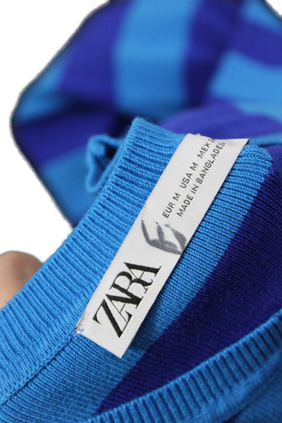 Zara Women Blue Cropped Striped Crew Neck Long Sleeve T-Shirt Size M