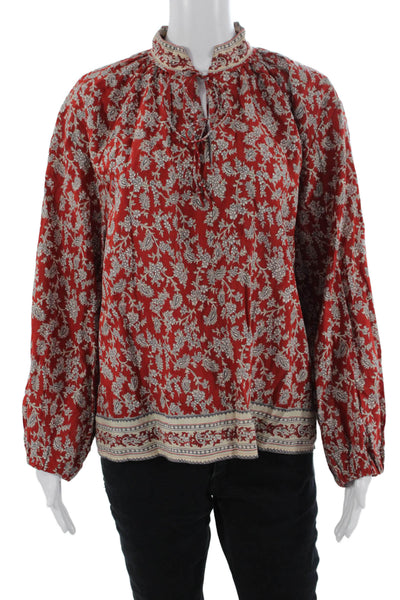 Madewell Women Red Bohemian Tunic High Neck Long Sleeve Floral Size S