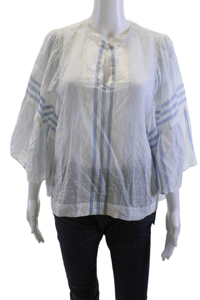 La Vie Womens Bohemian Striped Cotton Tunic Blouse Short Sleeve White Size S