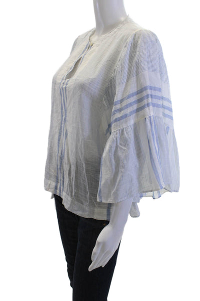 La Vie Womens Bohemian Striped Cotton Tunic Blouse Short Sleeve White Size S
