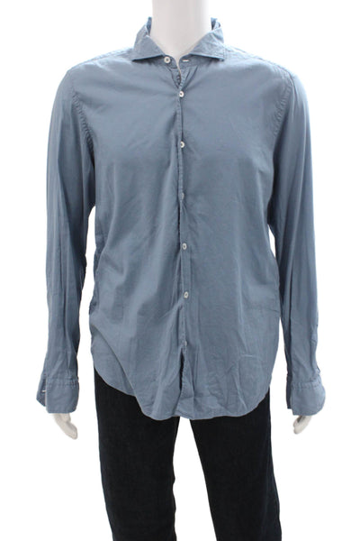 Fedeli Mens Cotton Collared Long Sleeve Button Up Shirt Blue Size 42