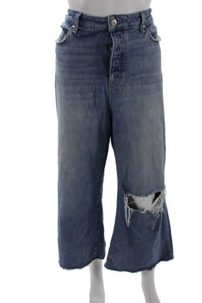 Paige Women Wide Leg Cropped Jeans Blue High Rise Button Size 34