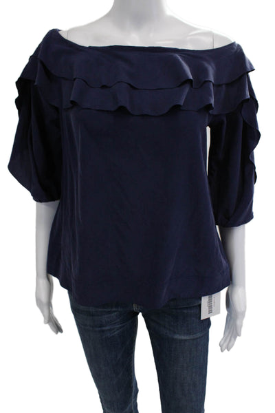 L'Agence Women Bohemian Dark Blue Silk Blend 3/4 Sleeve Blouse Size M