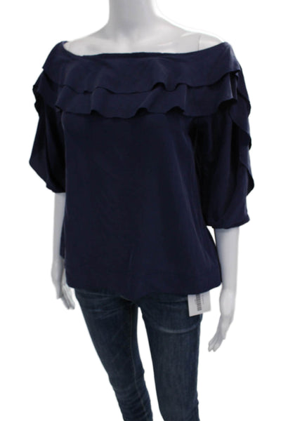 L'Agence Women Bohemian Dark Blue Silk Blend 3/4 Sleeve Blouse Size M