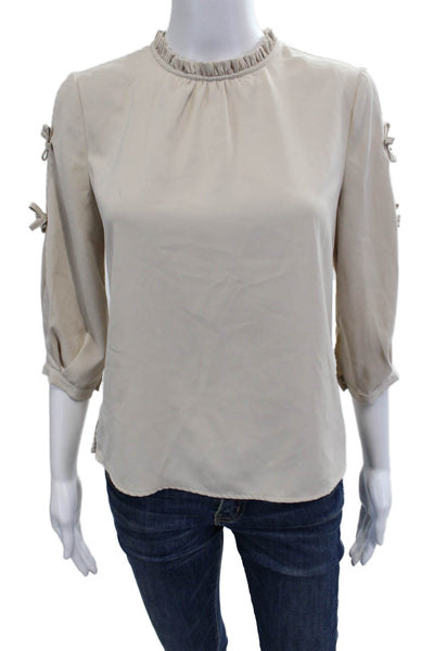 Miss Patina Womens Beige High Neck Button Blouse 3/4 Sleeve Classic Size S