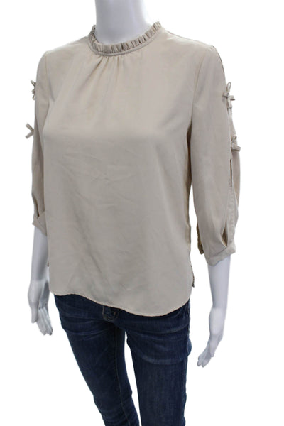 Miss Patina Womens Beige High Neck Button Blouse 3/4 Sleeve Classic Size S