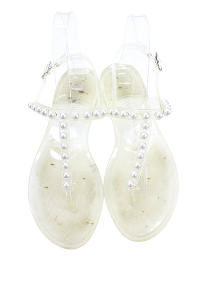 Stuart Weitzman Women's T-Straps Beaded Buckle Flat Jelly Sandals Clear Size 36
