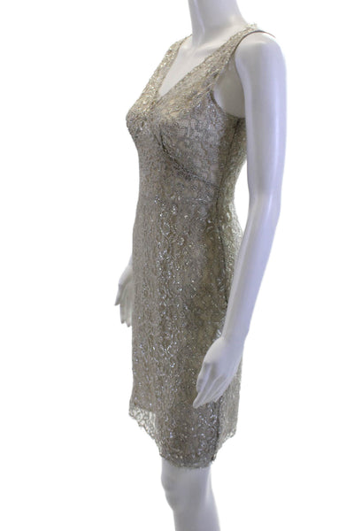 BCBGMAXAZRIA Womens Sheath Dress Beige V Neck Sleeveless Metallic Size 2