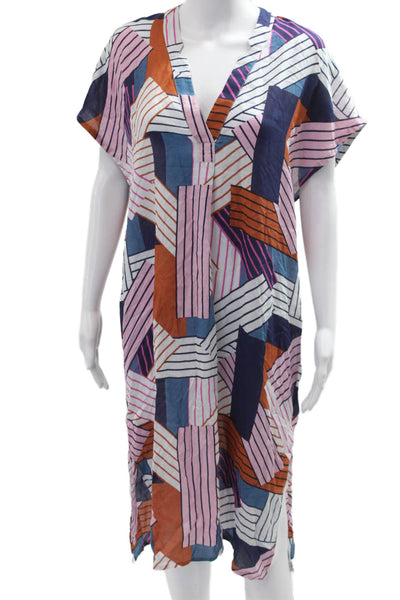Cooper & Ella Womens Blue V-Neck Kaftan Geometric Mid-Calf Short Sleeve Size S