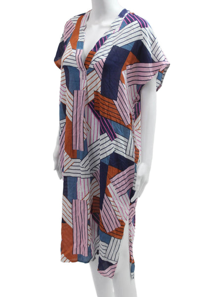 Cooper & Ella Womens Blue V-Neck Kaftan Geometric Mid-Calf Short Sleeve Size S