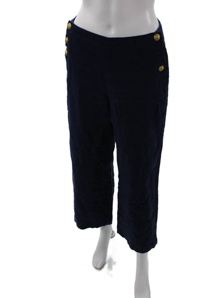 L'Agence Women Dark Blue Cropped Ankle Linen Pants Button Size 25