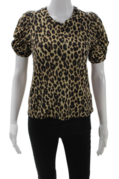 ALC Women Beige Animal Print Basic T-Shirt Crew Neck Cotton Short Sleeve Size S