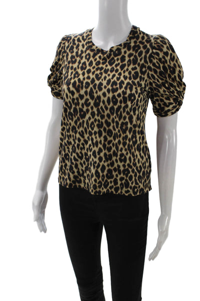 ALC Women Beige Animal Print Basic T-Shirt Crew Neck Cotton Short Sleeve Size S