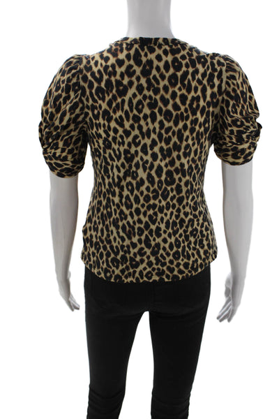 ALC Women Beige Animal Print Basic T-Shirt Crew Neck Cotton Short Sleeve Size S