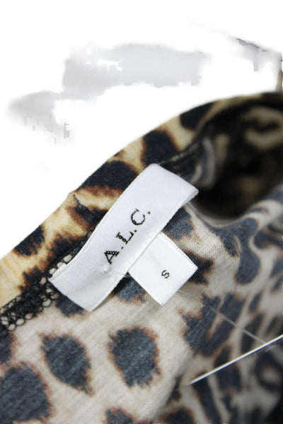 ALC Women Beige Animal Print Basic T-Shirt Crew Neck Cotton Short Sleeve Size S