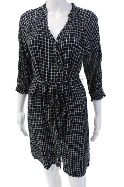 Maeve Anthropologie Womens Shirt Dress Black Check V-Neck 3/4 Sleeve Size XS