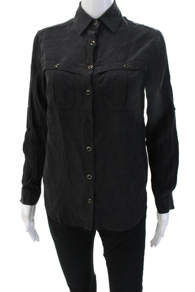 Yumi Kim Women Black Silk Collared Button-Up Blouse Long Sleeve Size XS