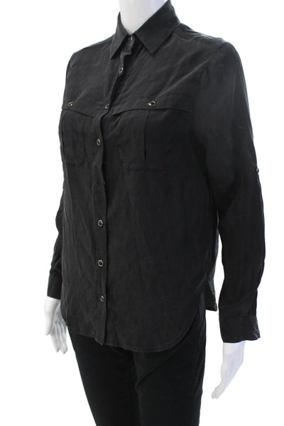 Yumi Kim Women Black Silk Collared Button-Up Blouse Long Sleeve Size XS