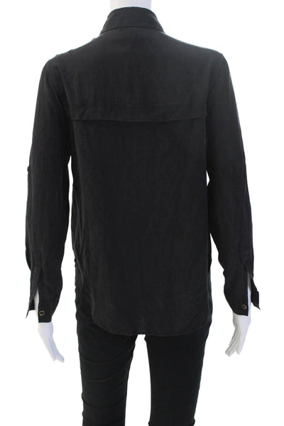 Yumi Kim Women Black Silk Collared Button-Up Blouse Long Sleeve Size XS