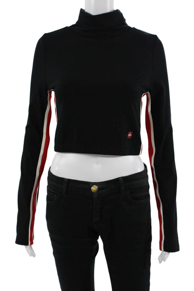 Moussy Women Cropped Striped Mock Neck Long Sleeve T-Shirt Black Size 1