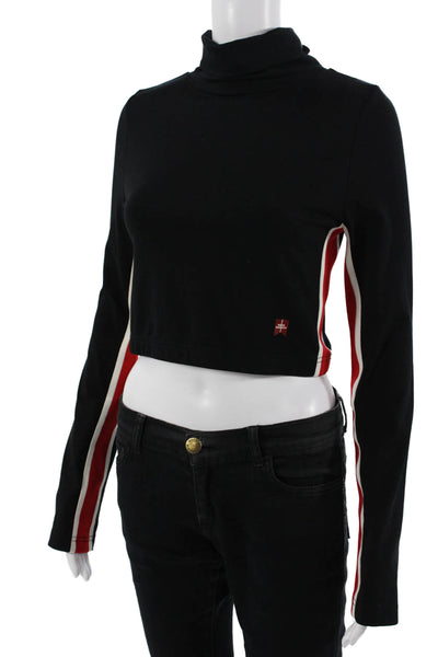 Moussy Women Cropped Striped Mock Neck Long Sleeve T-Shirt Black Size 1