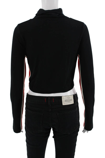 Moussy Women Cropped Striped Mock Neck Long Sleeve T-Shirt Black Size 1