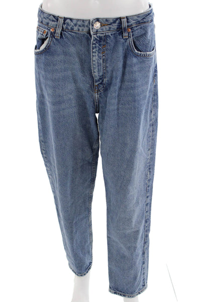 Zara Unisex Straight Tapered Jeans Blue Mid Rise 90s Button Size 10