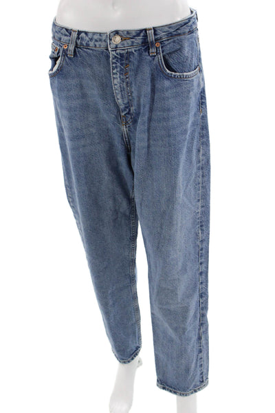 Zara Unisex Straight Tapered Jeans Blue Mid Rise 90s Button Size 10