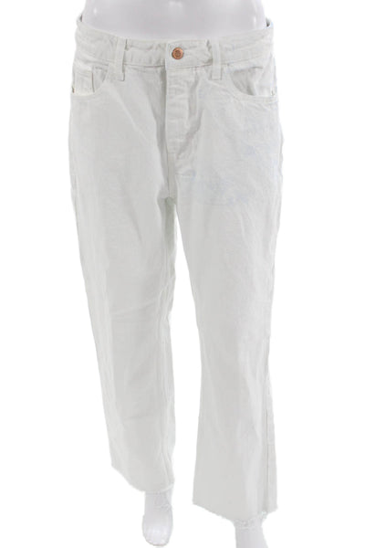 Zara Womens White Cropped Jeans Button Mid Rise Cotton Blend Size 10