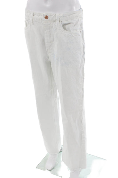 Zara Womens White Cropped Jeans Button Mid Rise Cotton Blend Size 10