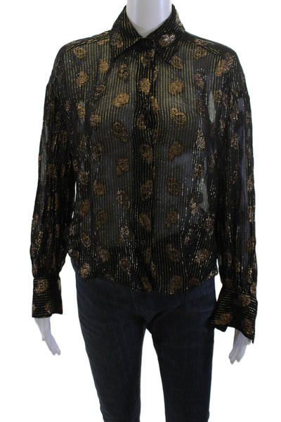 Zara Women Black Paisley Collared Long Sleeve Button-Up Blouse 80s Size XS