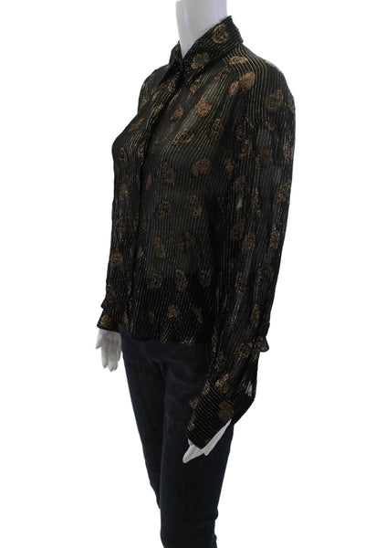 Zara Women Black Paisley Collared Long Sleeve Button-Up Blouse 80s Size XS
