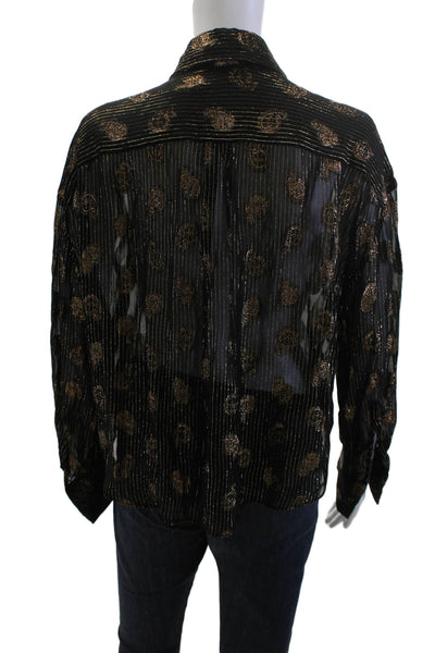 Zara Women Black Paisley Collared Long Sleeve Button-Up Blouse 80s Size XS
