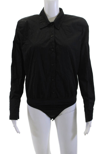 We Wore What Women Black Cotton Collared Solid Bodysuit Long Sleeve Size S