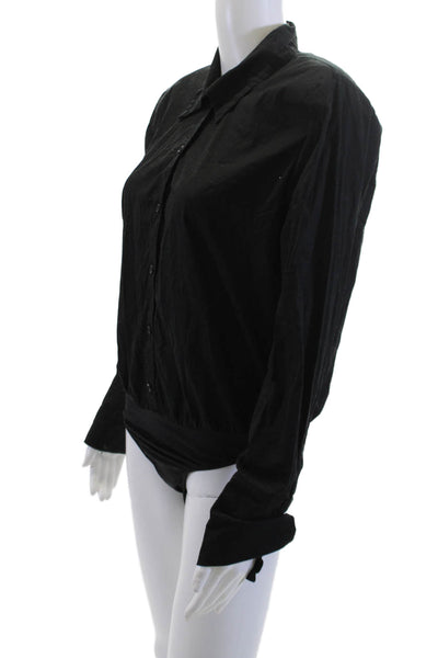 We Wore What Women Black Cotton Collared Solid Bodysuit Long Sleeve Size S