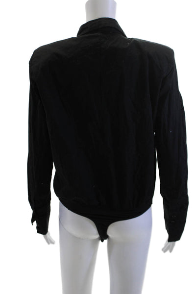 We Wore What Women Black Cotton Collared Solid Bodysuit Long Sleeve Size S