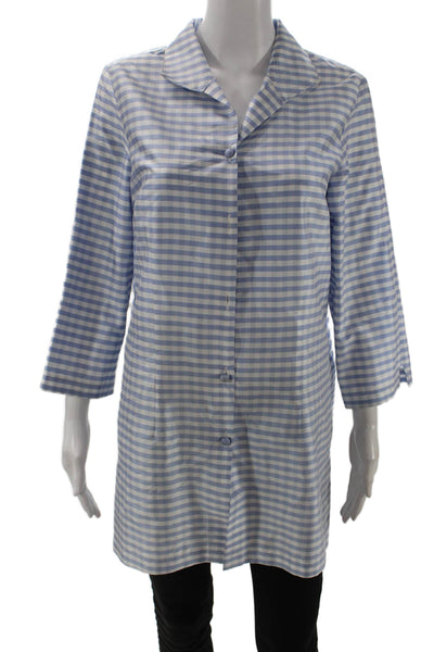 Connie Roberson Women Silk Collared Button-Up Tunic Blue Check 3/4 Sleeve Size M