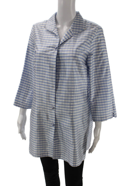 Connie Roberson Women Silk Collared Button-Up Tunic Blue Check 3/4 Sleeve Size M