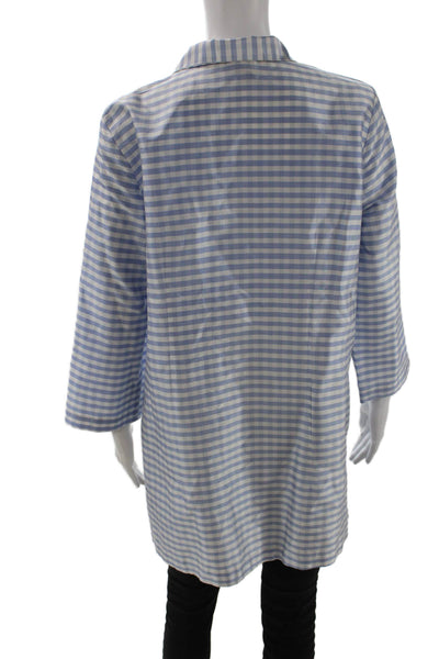 Connie Roberson Women Silk Collared Button-Up Tunic Blue Check 3/4 Sleeve Size M