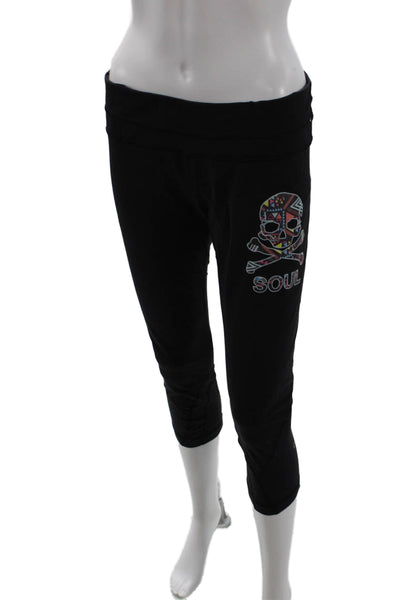 Lululemon Womens Capri Cropped Leggings Black Skull Print Nylon Zip Size 10